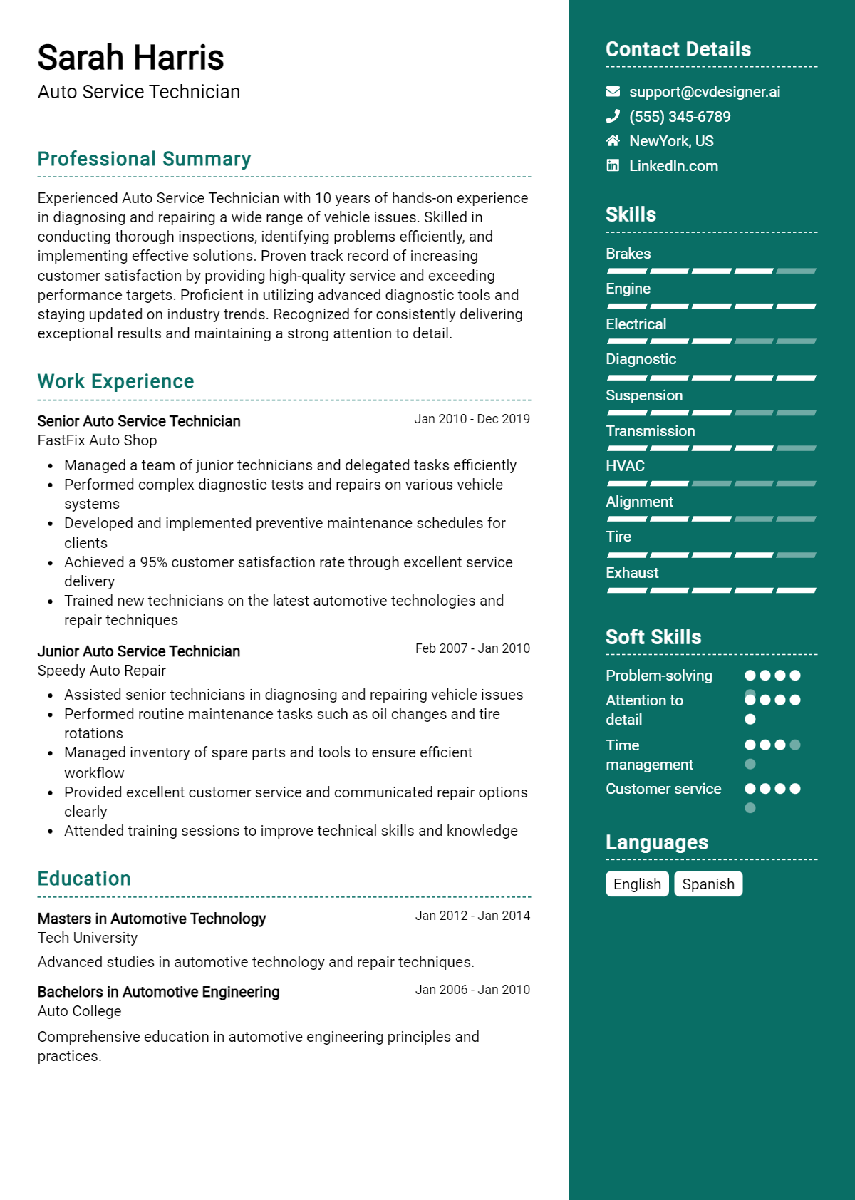 Auto Service Technician Resume Example