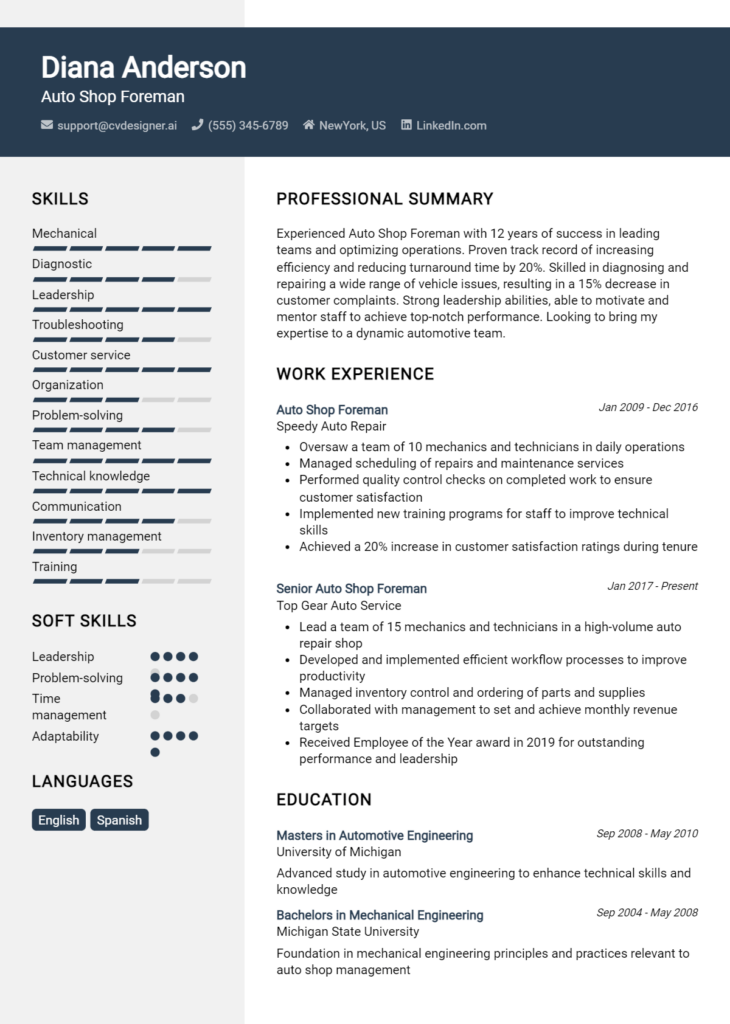 Auto Shop Foreman Resume Example