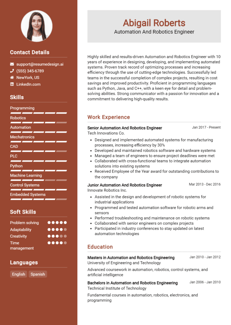 18 Automation and Robotics Engineer Resume Examples And Templates for 2025
