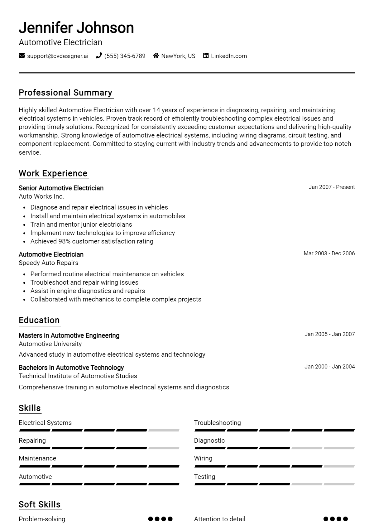 Automotive Electrician Resume Example