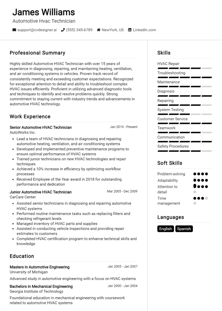 Automotive Hvac Technician Resume Example