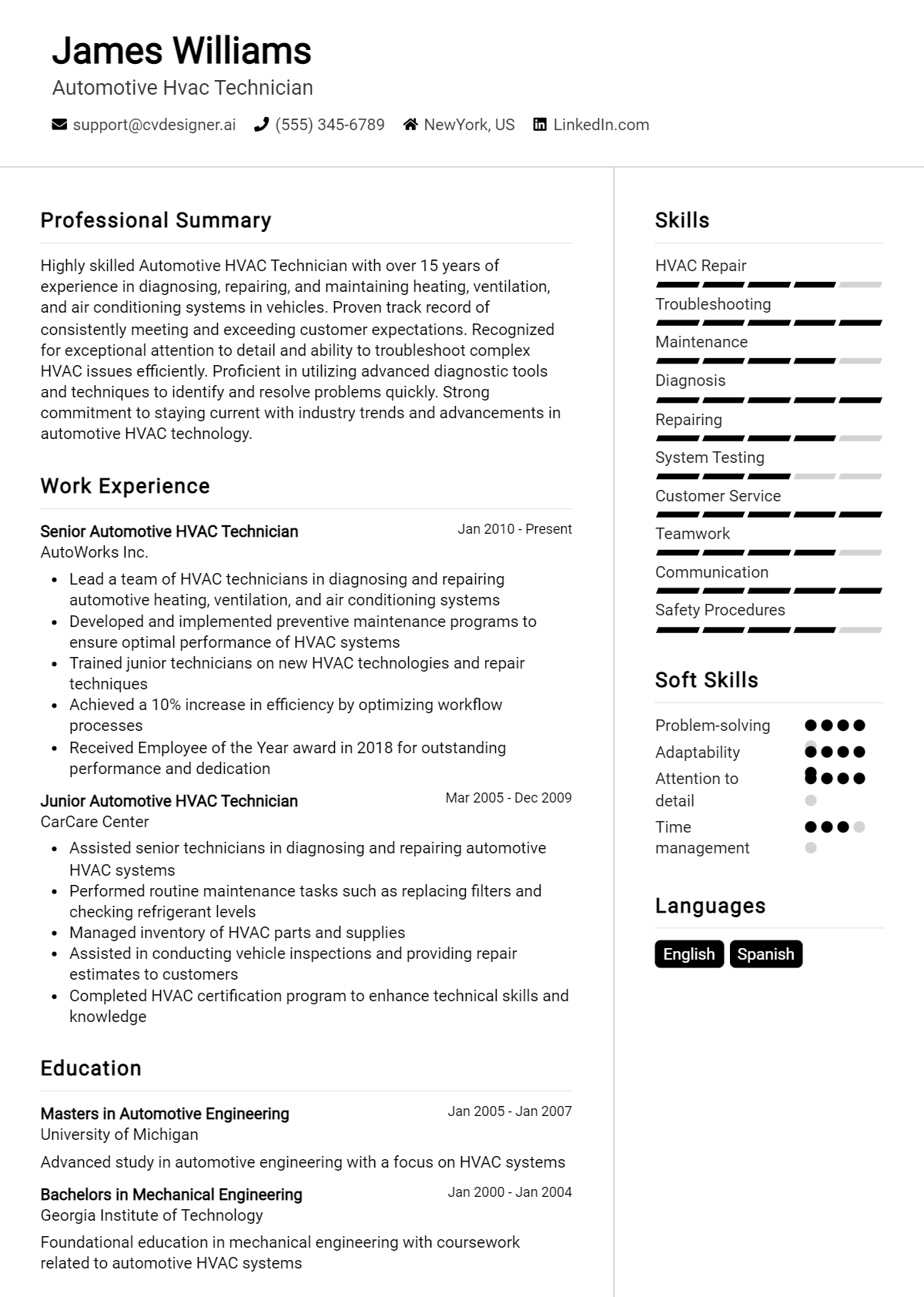 Automotive Hvac Technician Resume Example