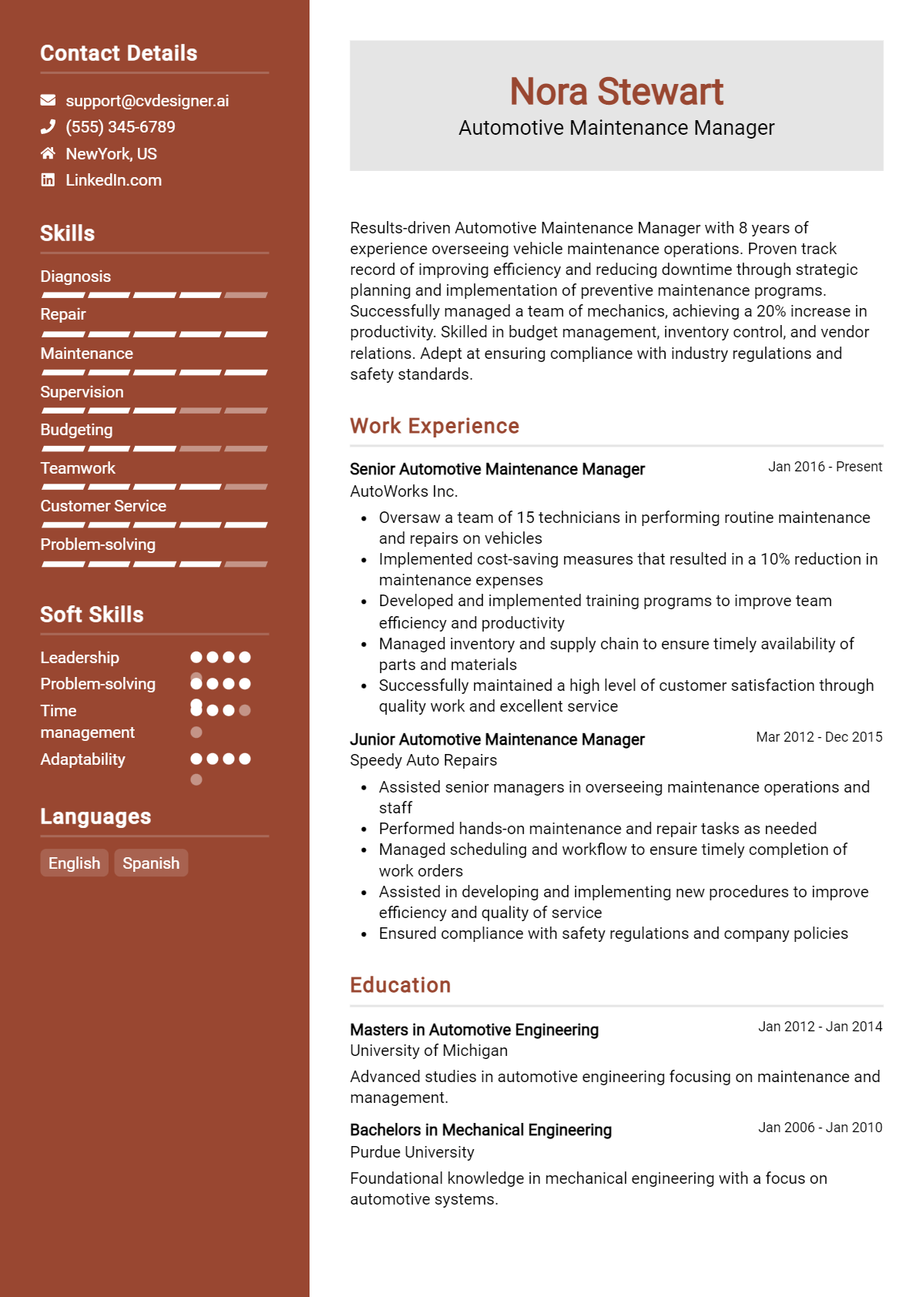 Automotive Maintenance Manager Resume Example