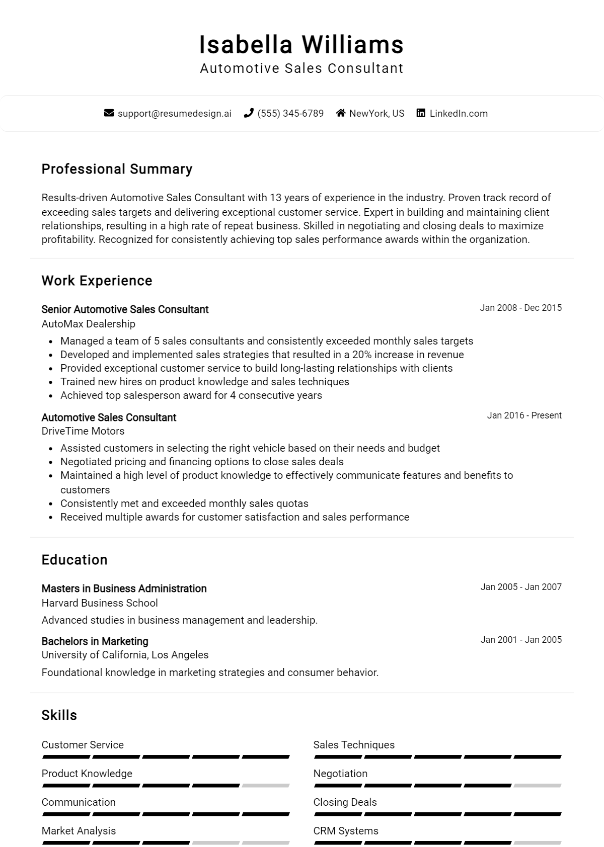 Automotive Sales Consultant Resume Example