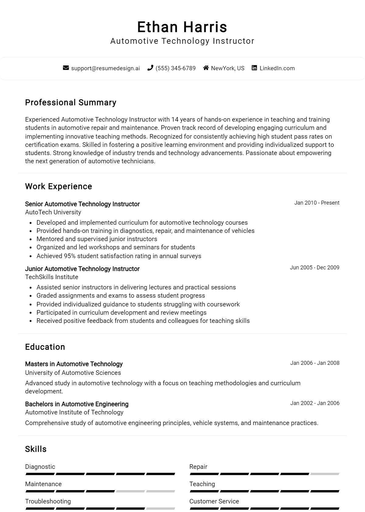 Automotive Technology Instructor Resume Example