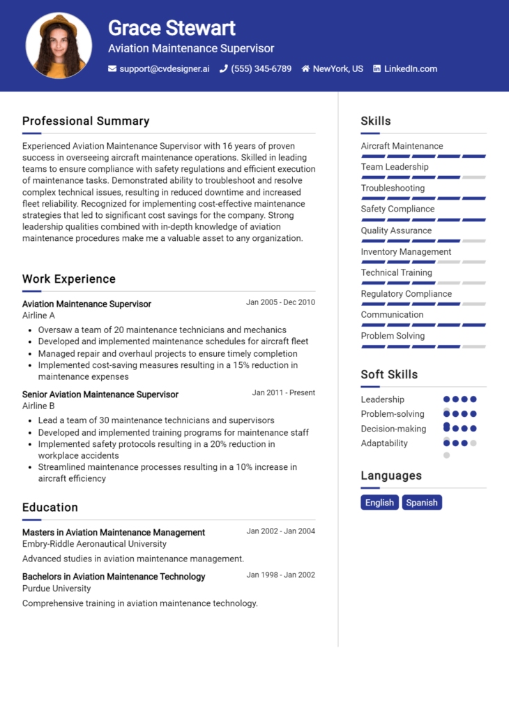 Aviation Maintenance Supervisor Resume Example