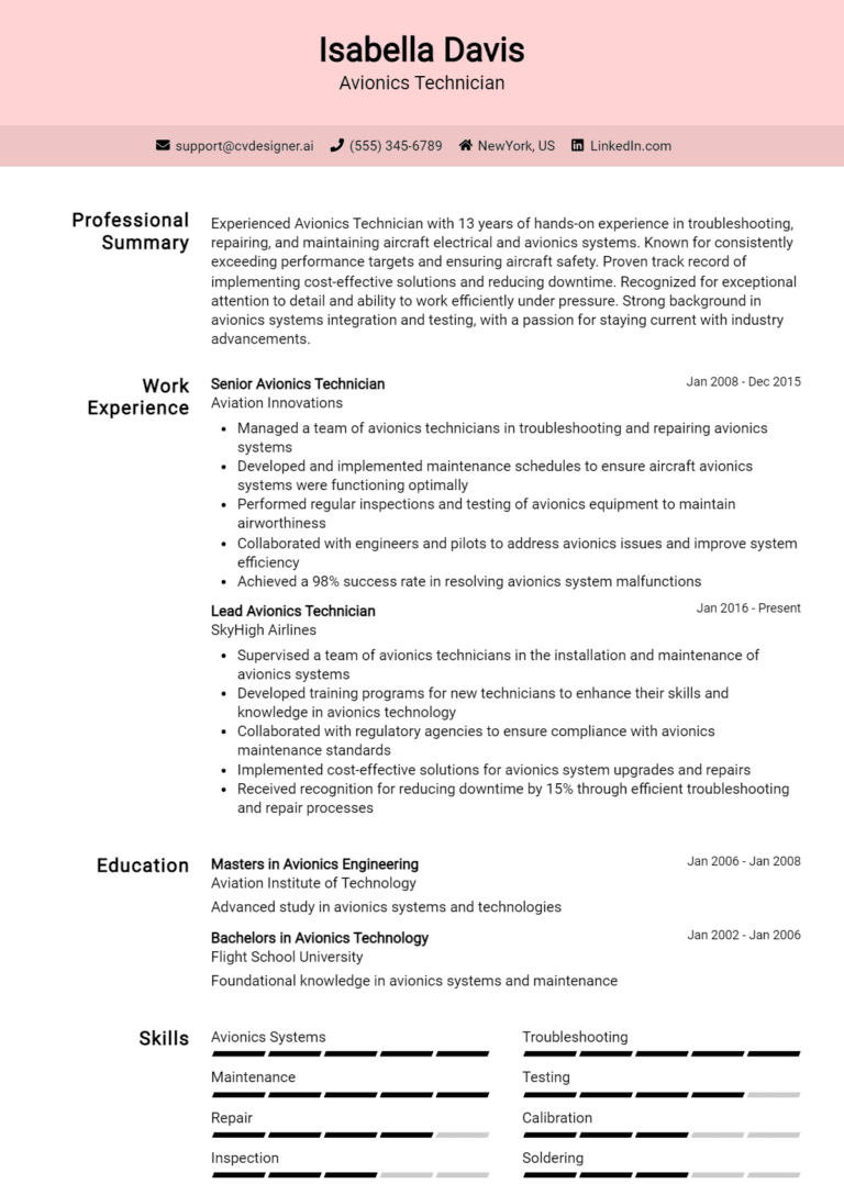 14 Avionics Technician Resume Examples And Templates for 2025