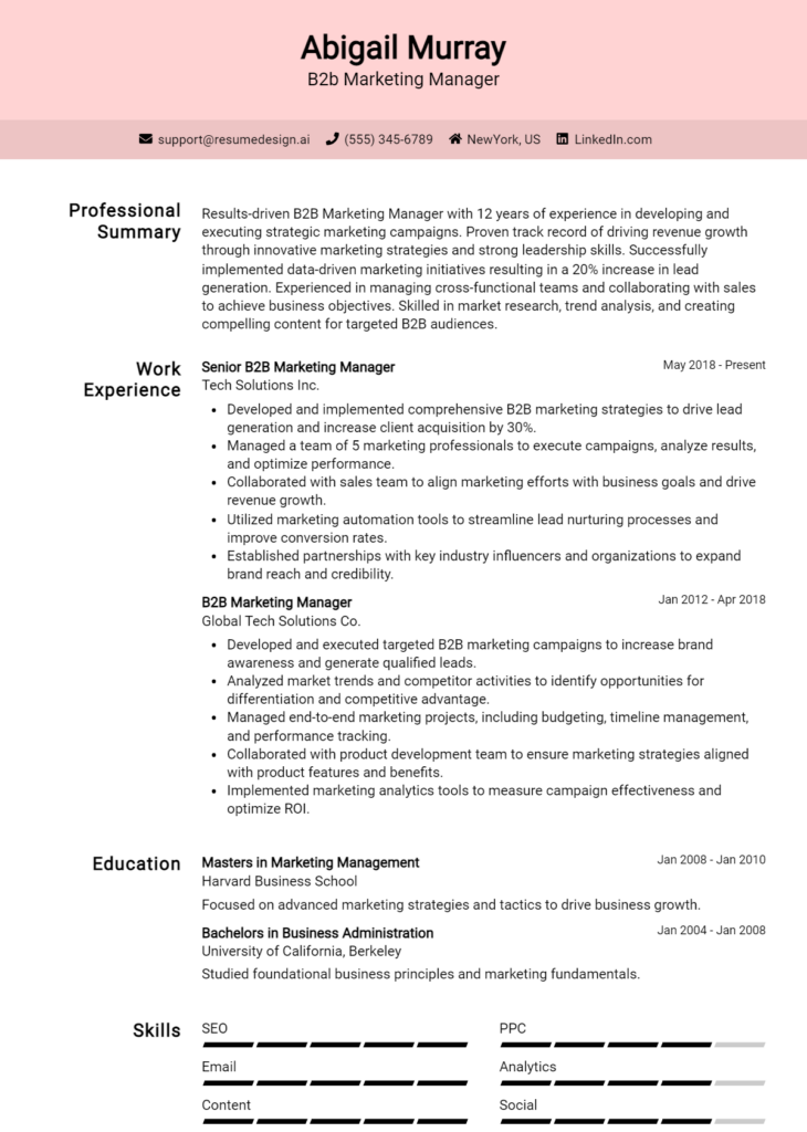 B2b Marketing Manager Resume Example