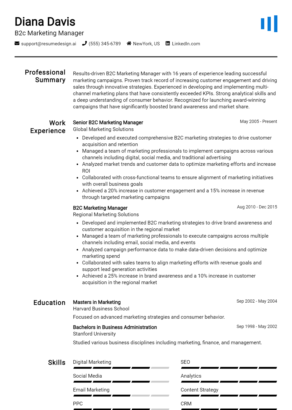 B2c Marketing Manager Resume Example