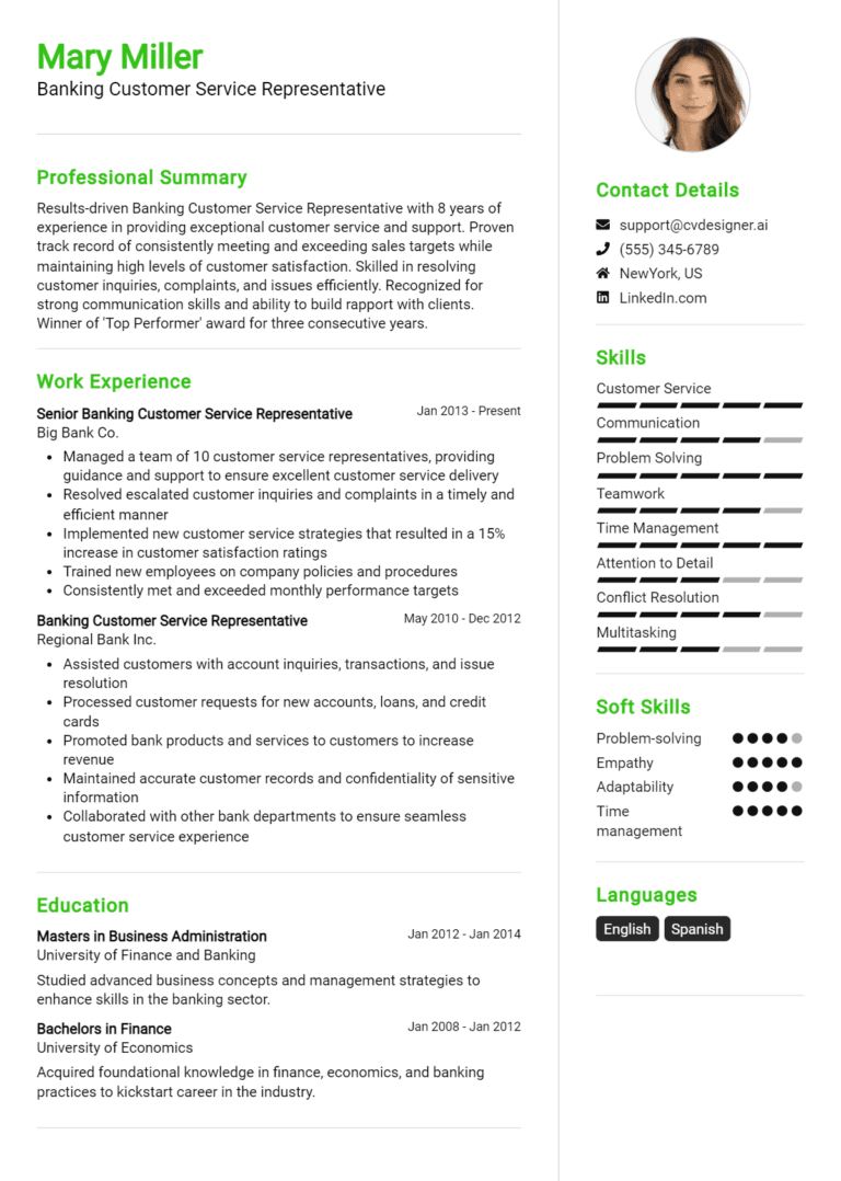 16 Banking Customer Service Representative Resume Examples And Templates for 2025 (Downloadable)