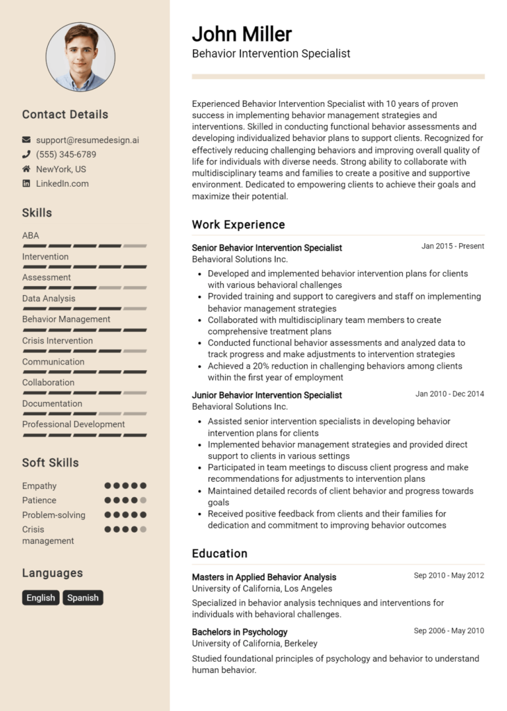 Behavior Intervention Specialist Resume Example