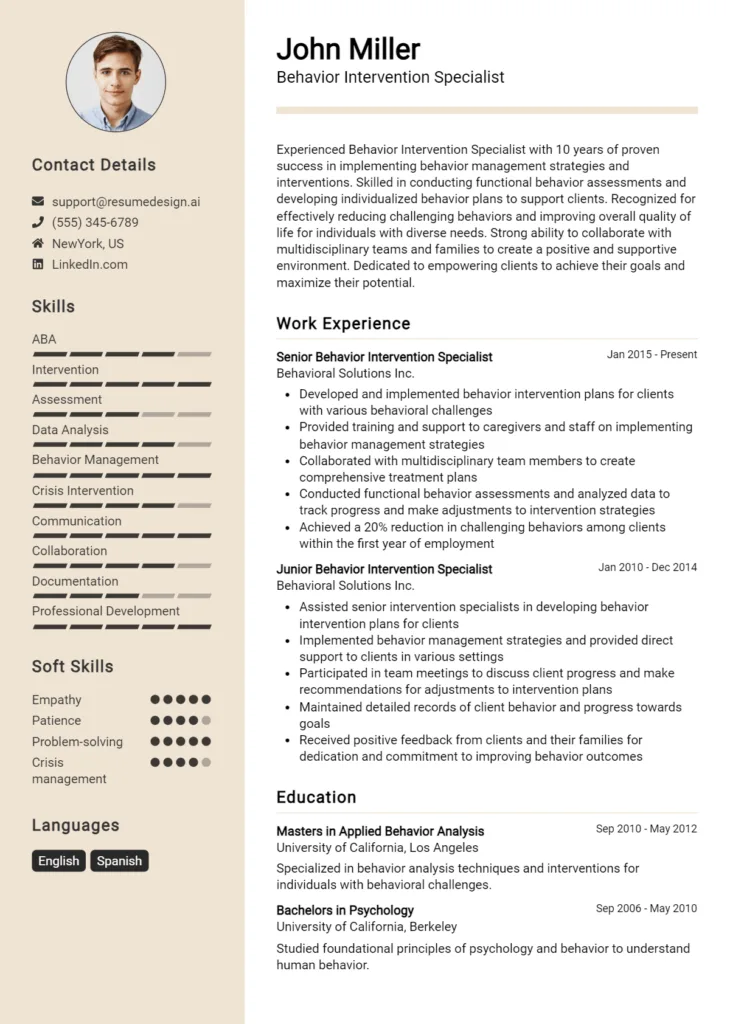 Behavior Intervention Specialist Resume Example