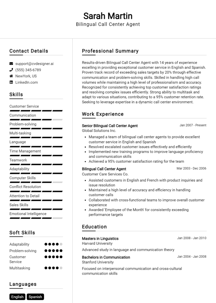 Bilingual Call Center Agent Resume Example