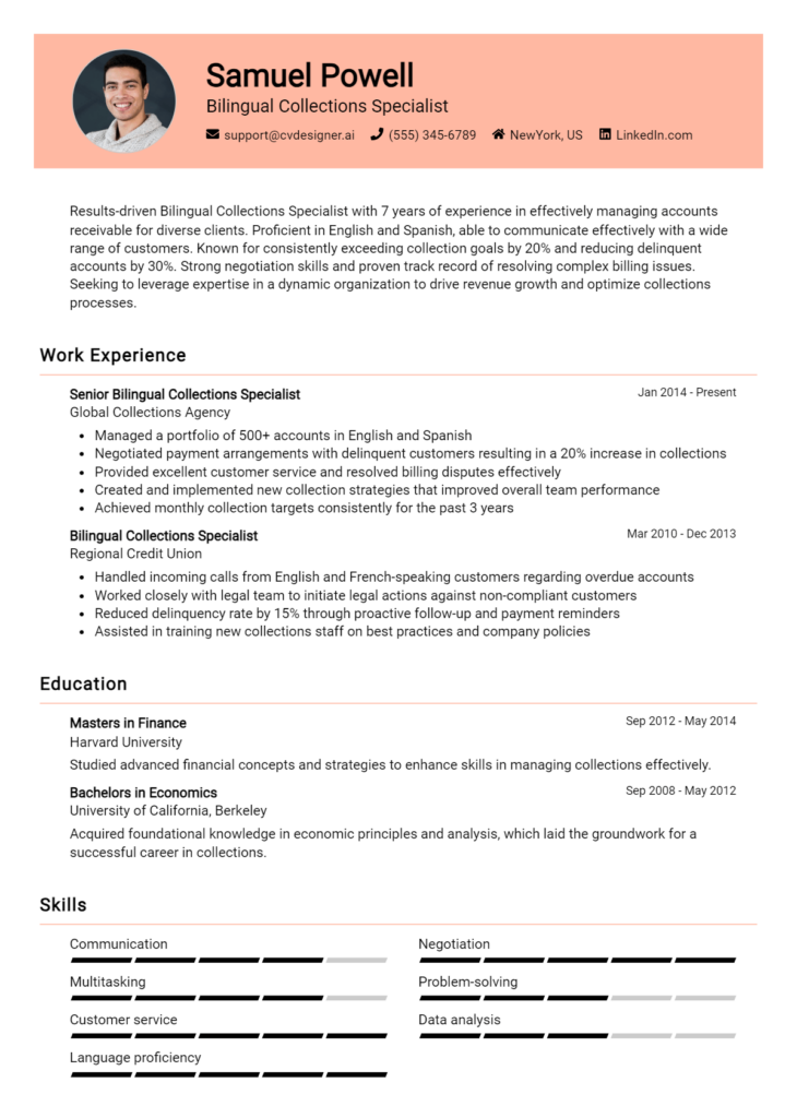 Bilingual Collections Specialist Resume Example