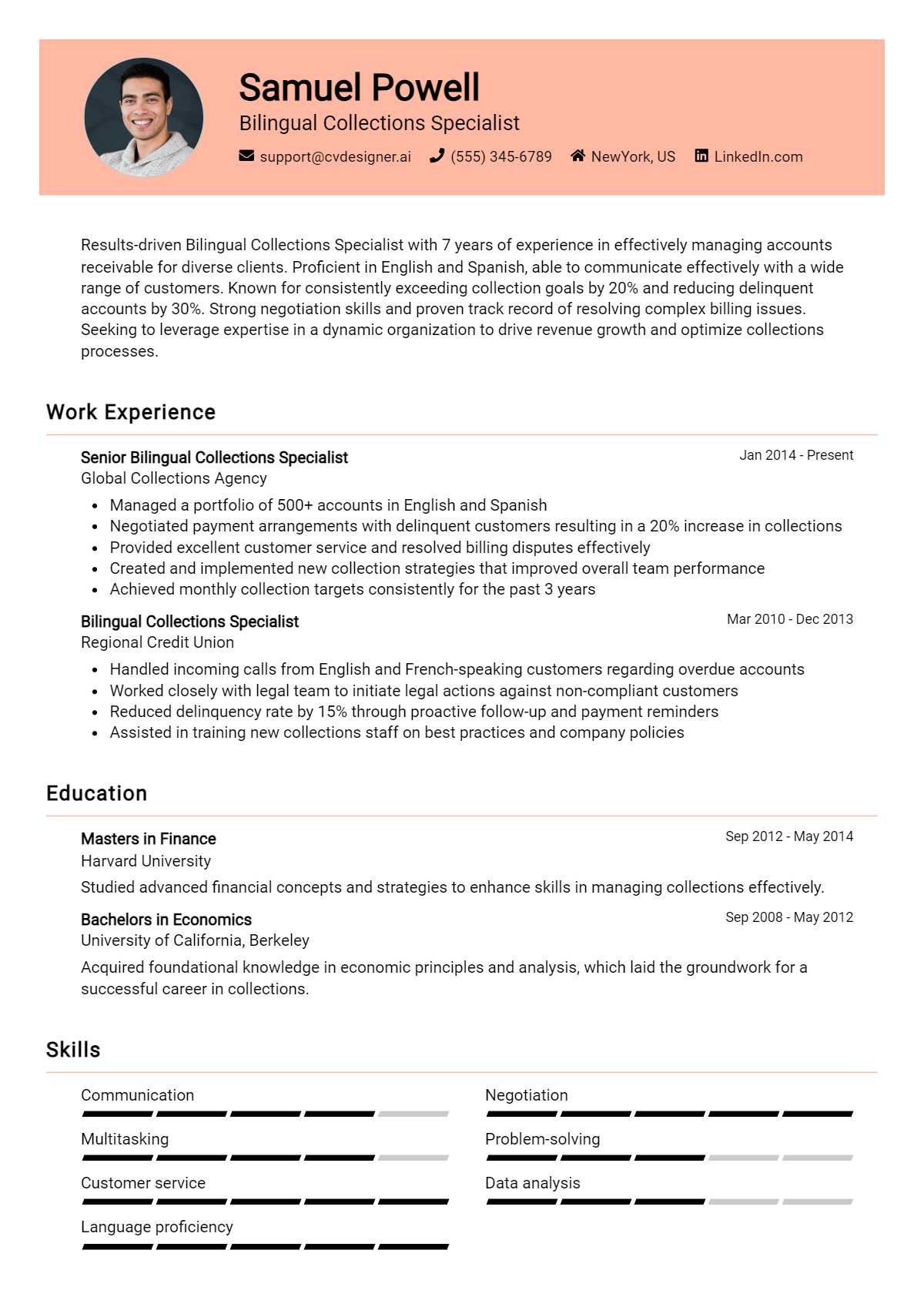 Bilingual Collections Specialist Resume Example