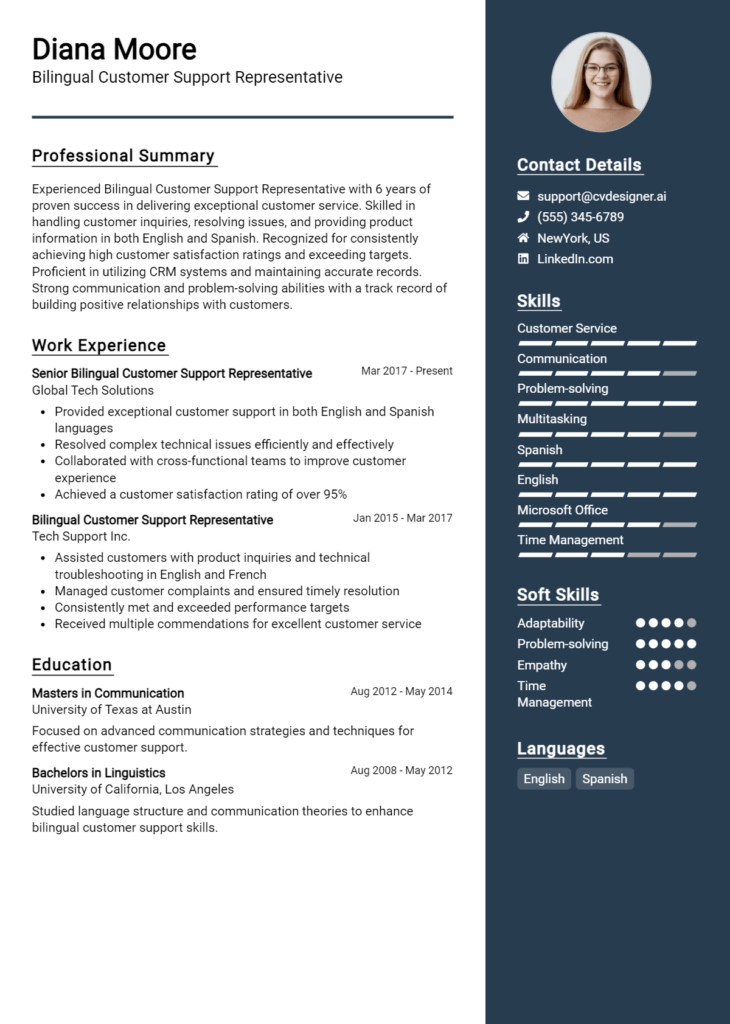 Bilingual Customer Support Representative Resume Example