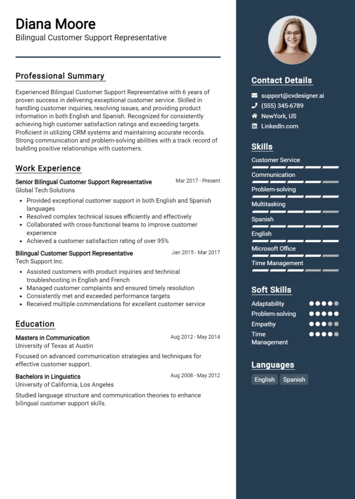 Bilingual Customer Support Representative Resume Example