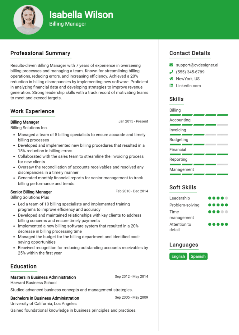 13 Billing Manager Resume Examples And Templates for 2025 (Downloadable)