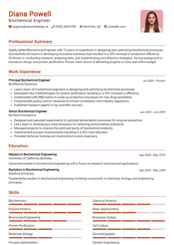 Biochemical Engineer Resume Example