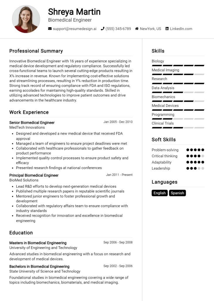 Biomedical Engineer Resume Example