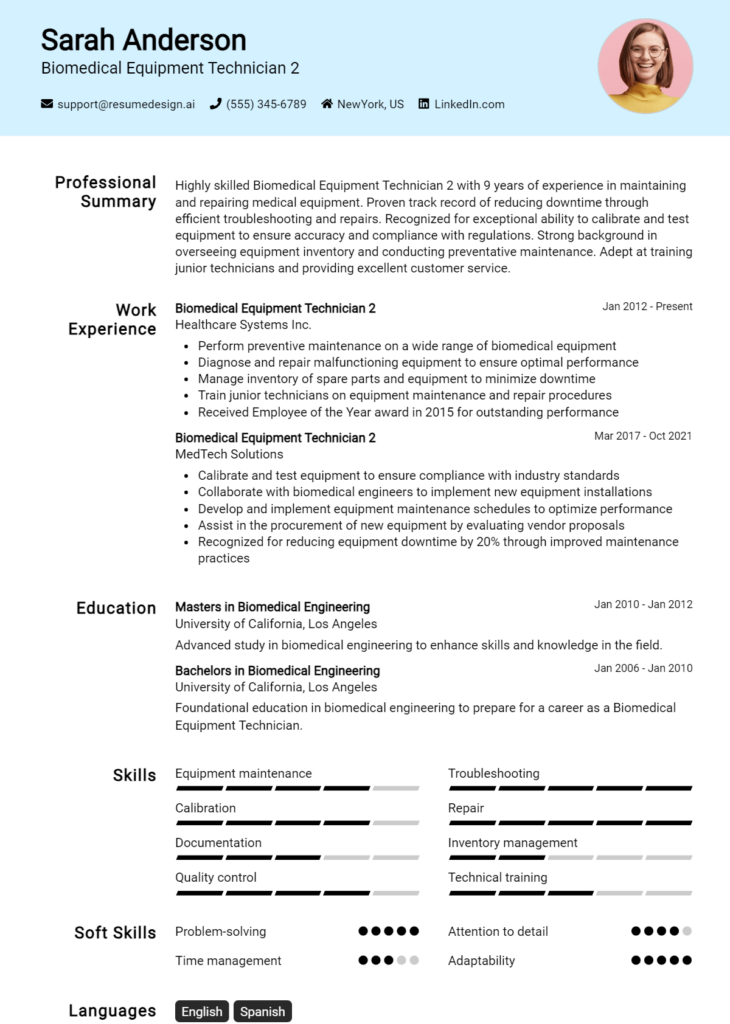 Biomedical Equipment Technician 2 Resume Example