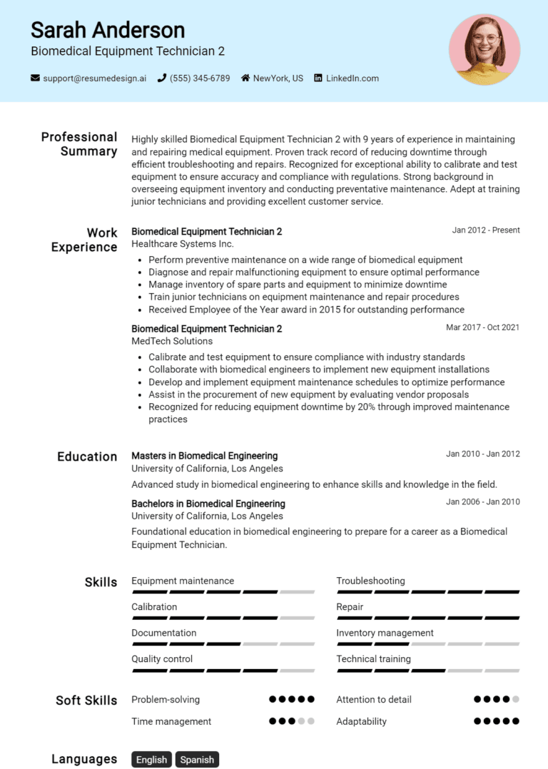 20 Biomedical Equipment Technician Resume Examples And Templates for 2025 (Downloadable)