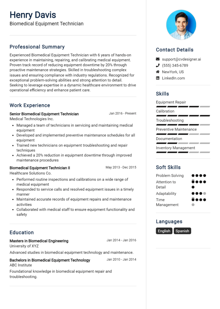 Biomedical Equipment Technician Resume Example