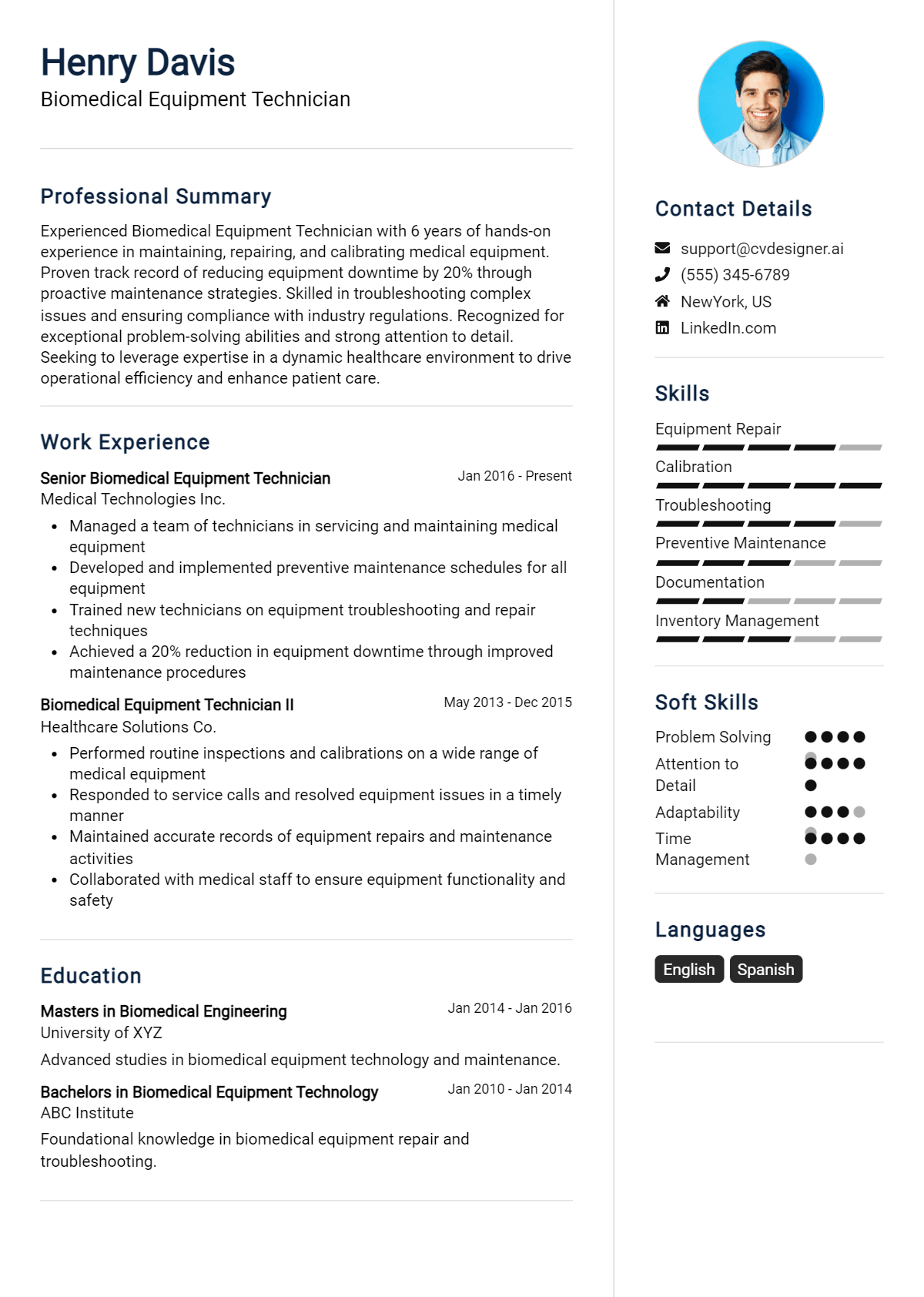 Biomedical Equipment Technician Resume Example