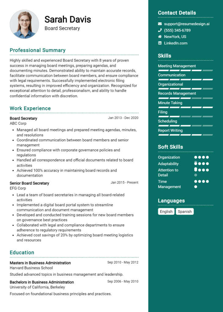 Board Secretary Resume Example