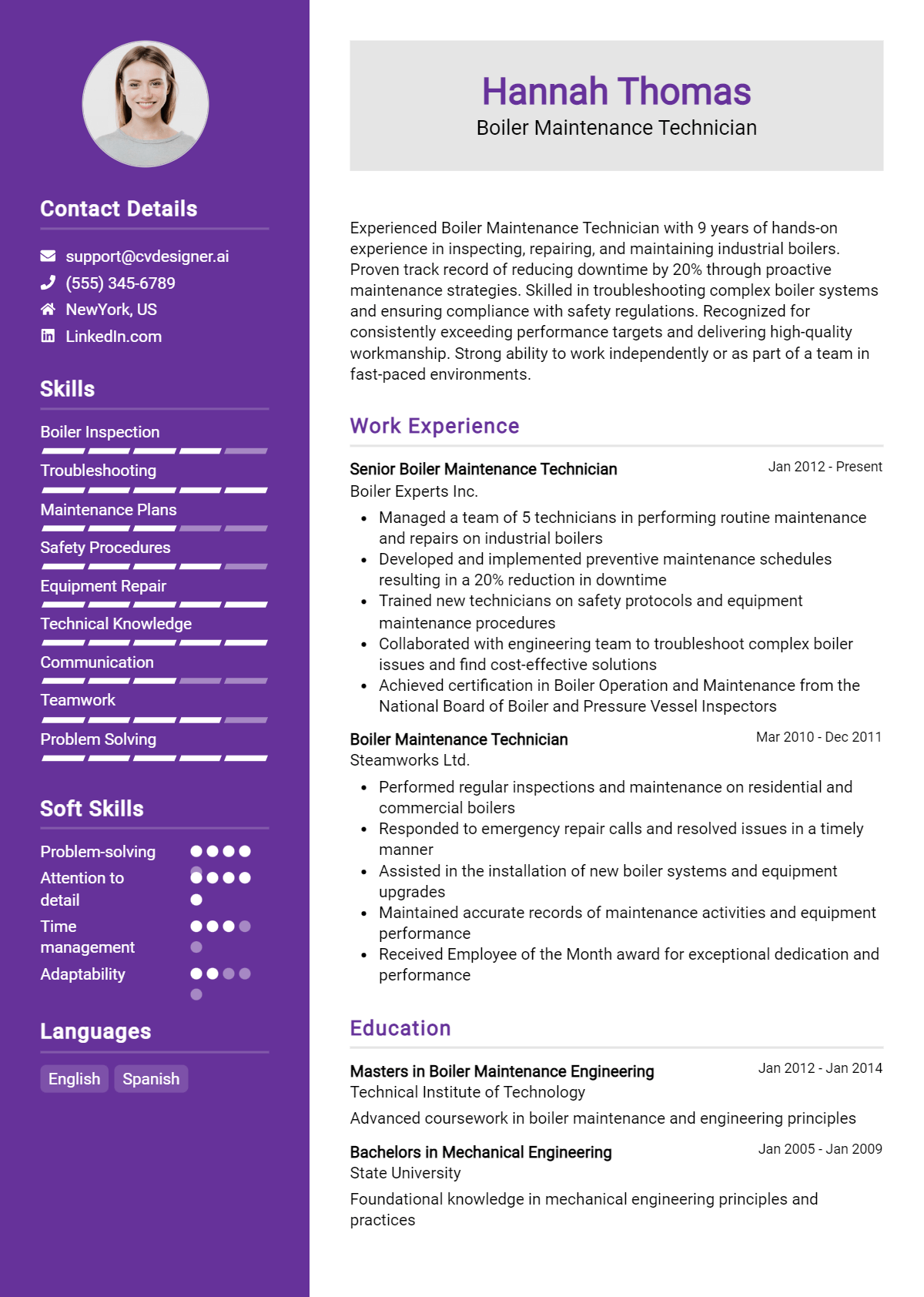 Boiler Maintenance Technician Resume Example