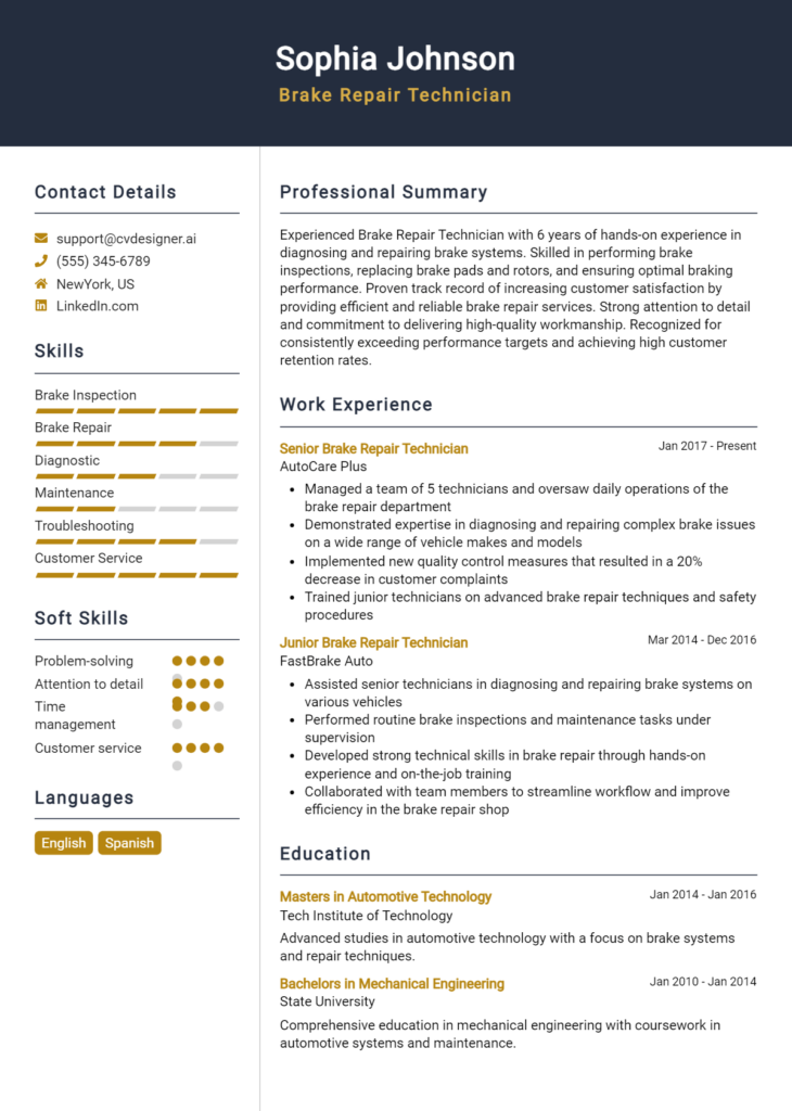 Brake Repair Technician Resume Example