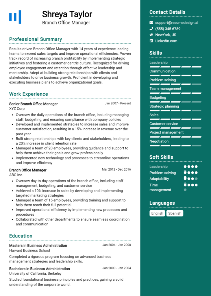 Branch Office Manager Resume Example