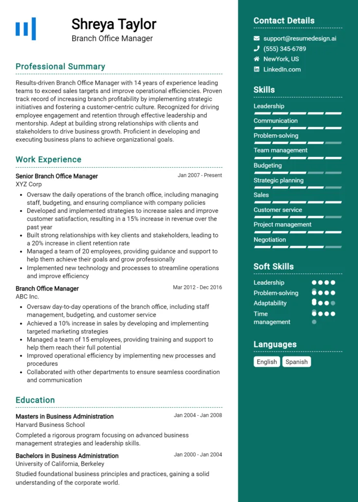 Branch Office Manager Resume Example