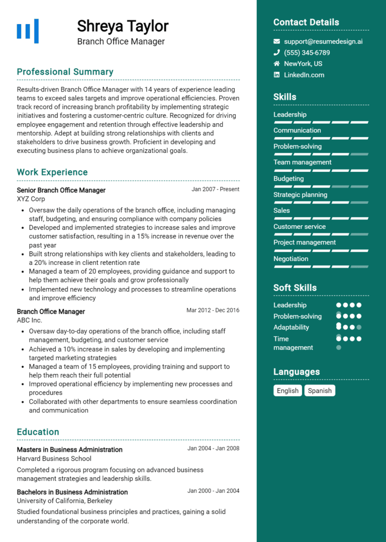 15 Branch Office Manager Resume Examples And Templates for 2025