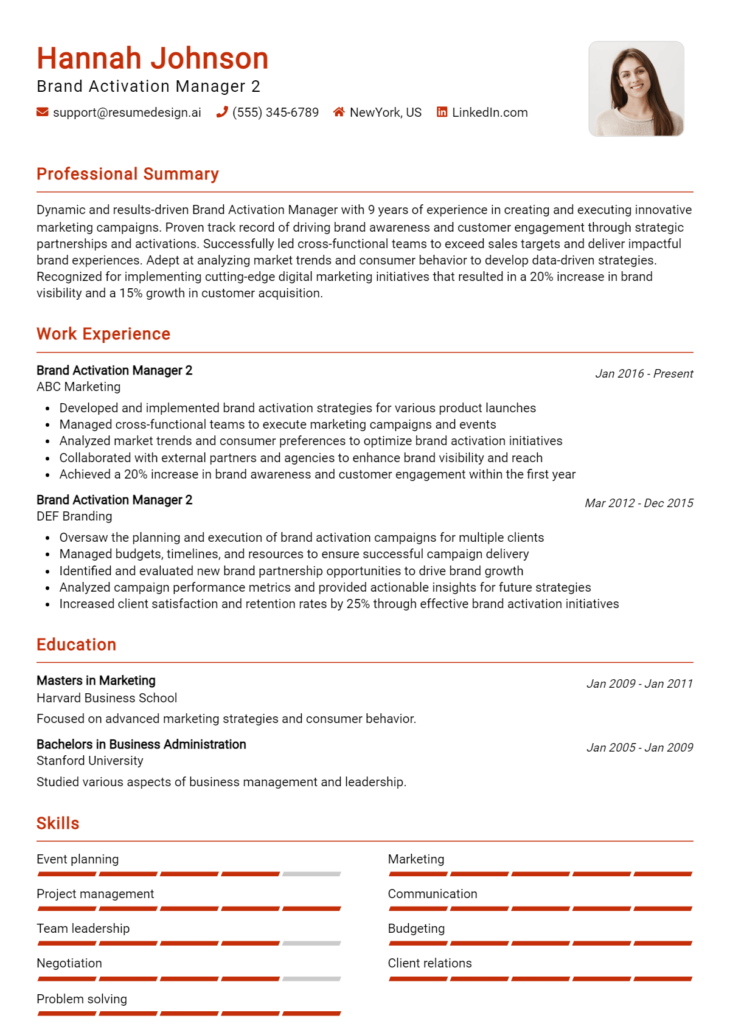 Brand Activation Manager 2 Resume Example