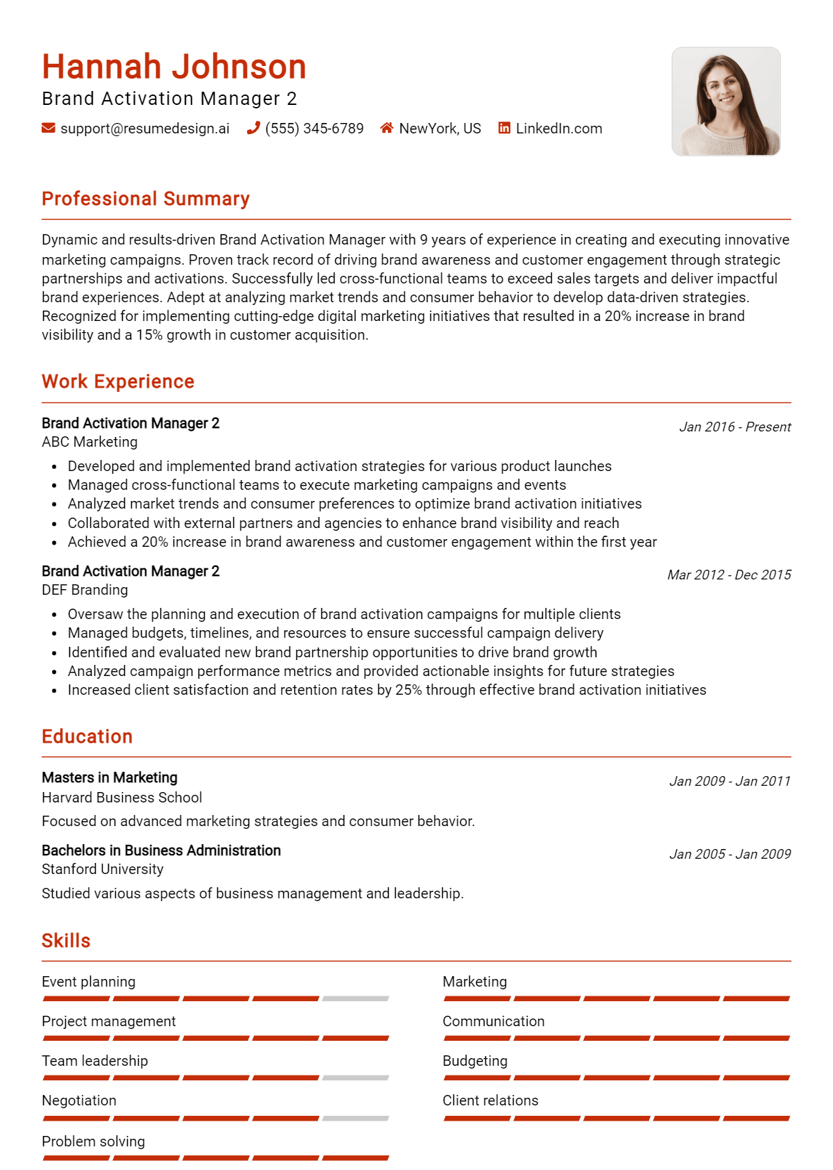 Brand Activation Manager 2 Resume Example