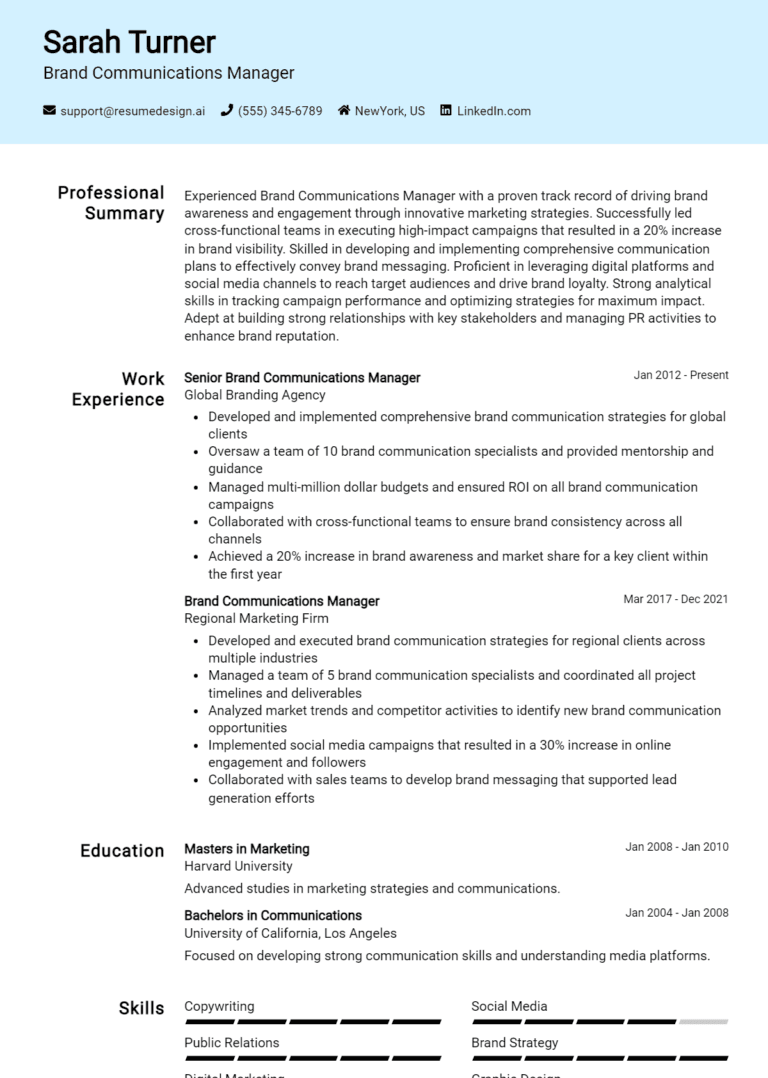 26 Brand Communications Manager Resume Examples And Templates for 2025