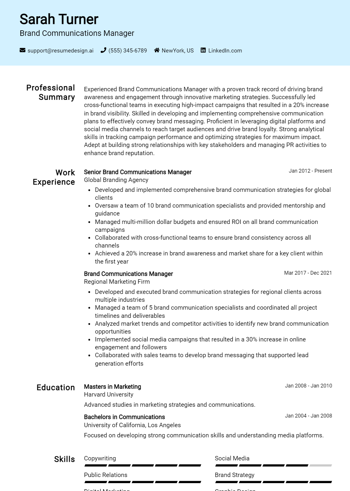 Brand Communications Manager Resume Example