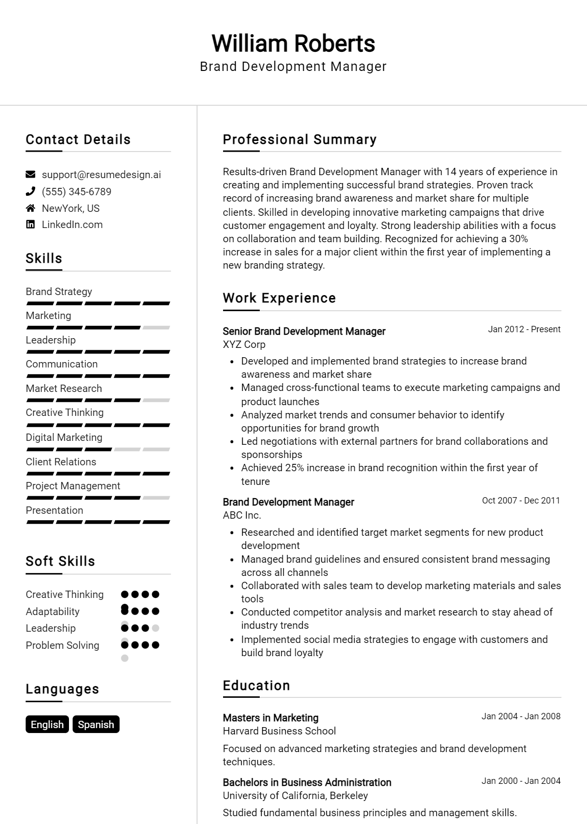 Brand Development Manager Resume Example