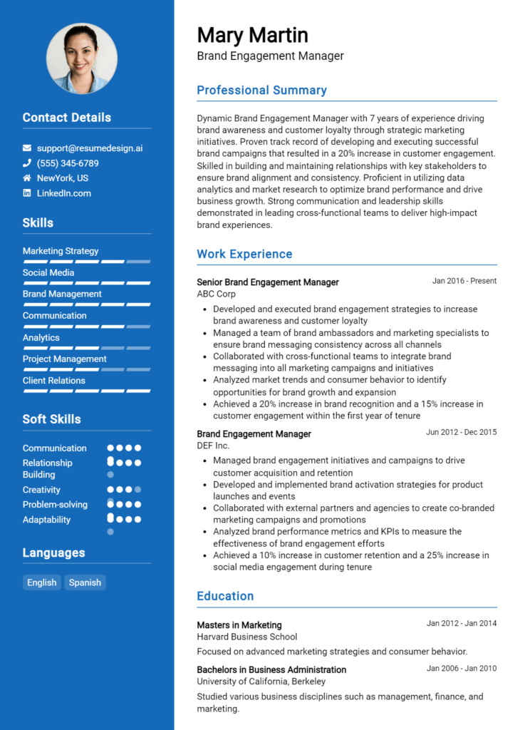 Brand Engagement Manager Resume Example