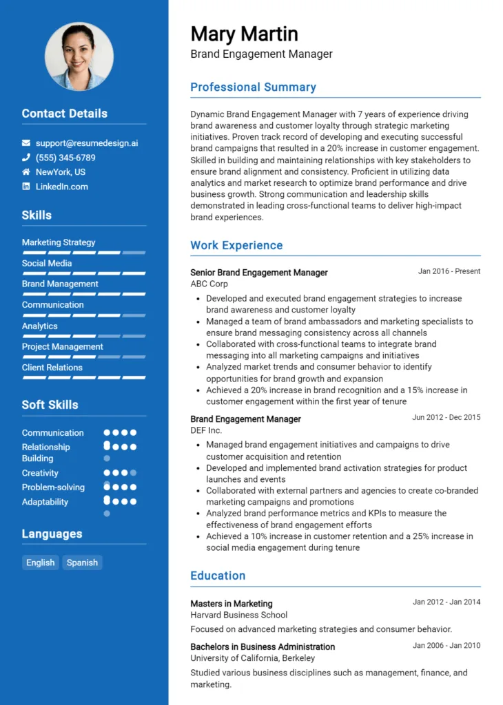 Brand Engagement Manager Resume Example