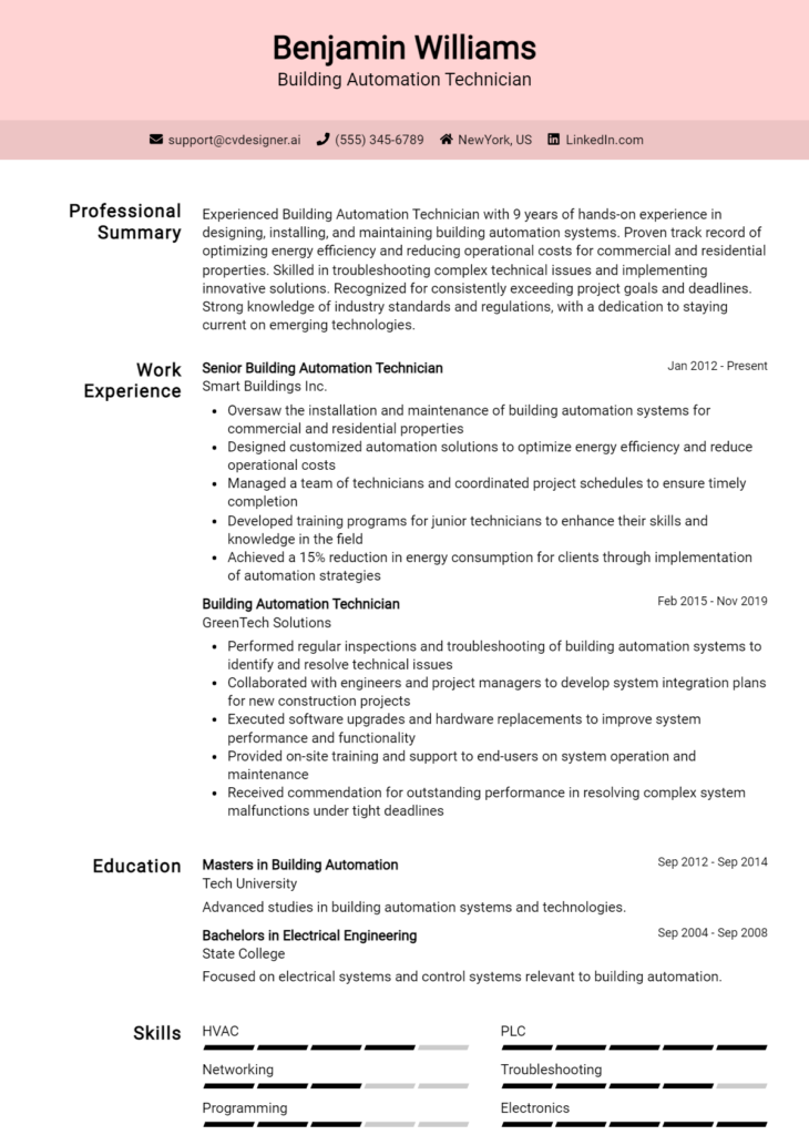 Building Automation Technician Resume Example