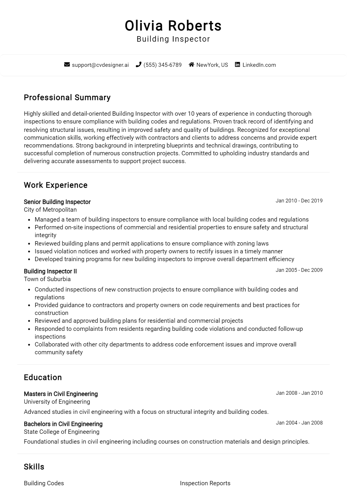 Building Inspector Resume Example