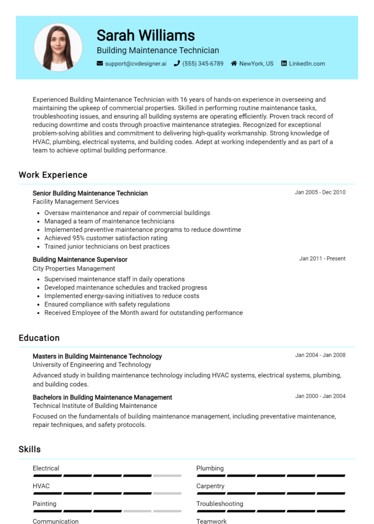 Building Maintenance Technician Resume Example