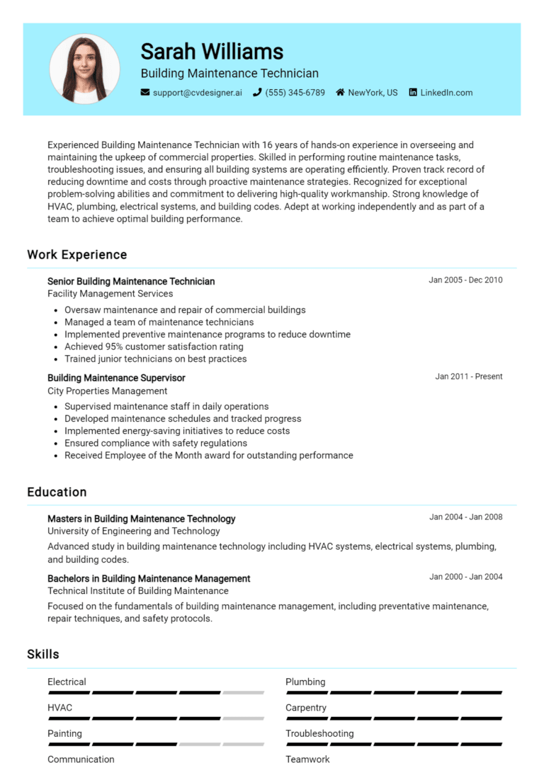 25 Building Maintenance Technician Resume Examples And Templates for 2025: Top Tips
