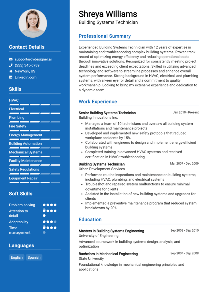 Building Systems Technician Resume Example