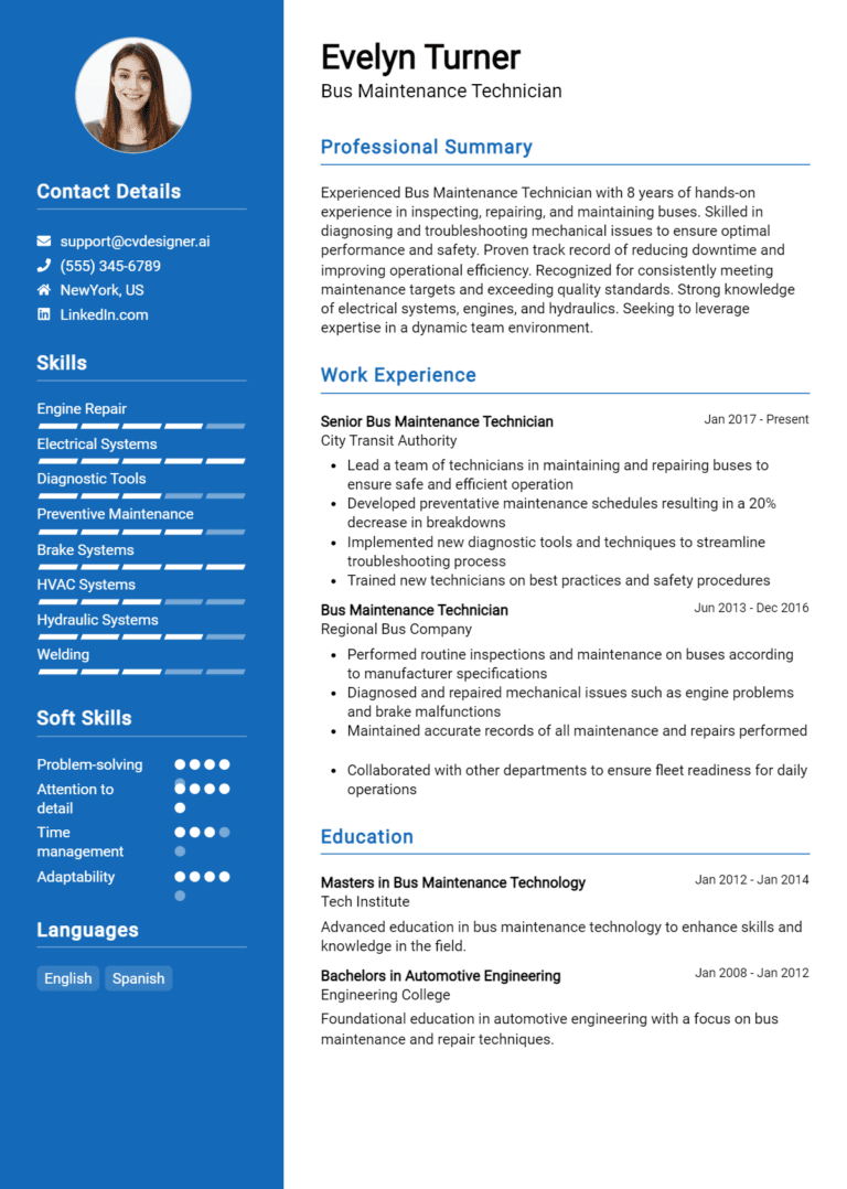23 Bus Maintenance Technician Resume Examples And Templates for 2025
