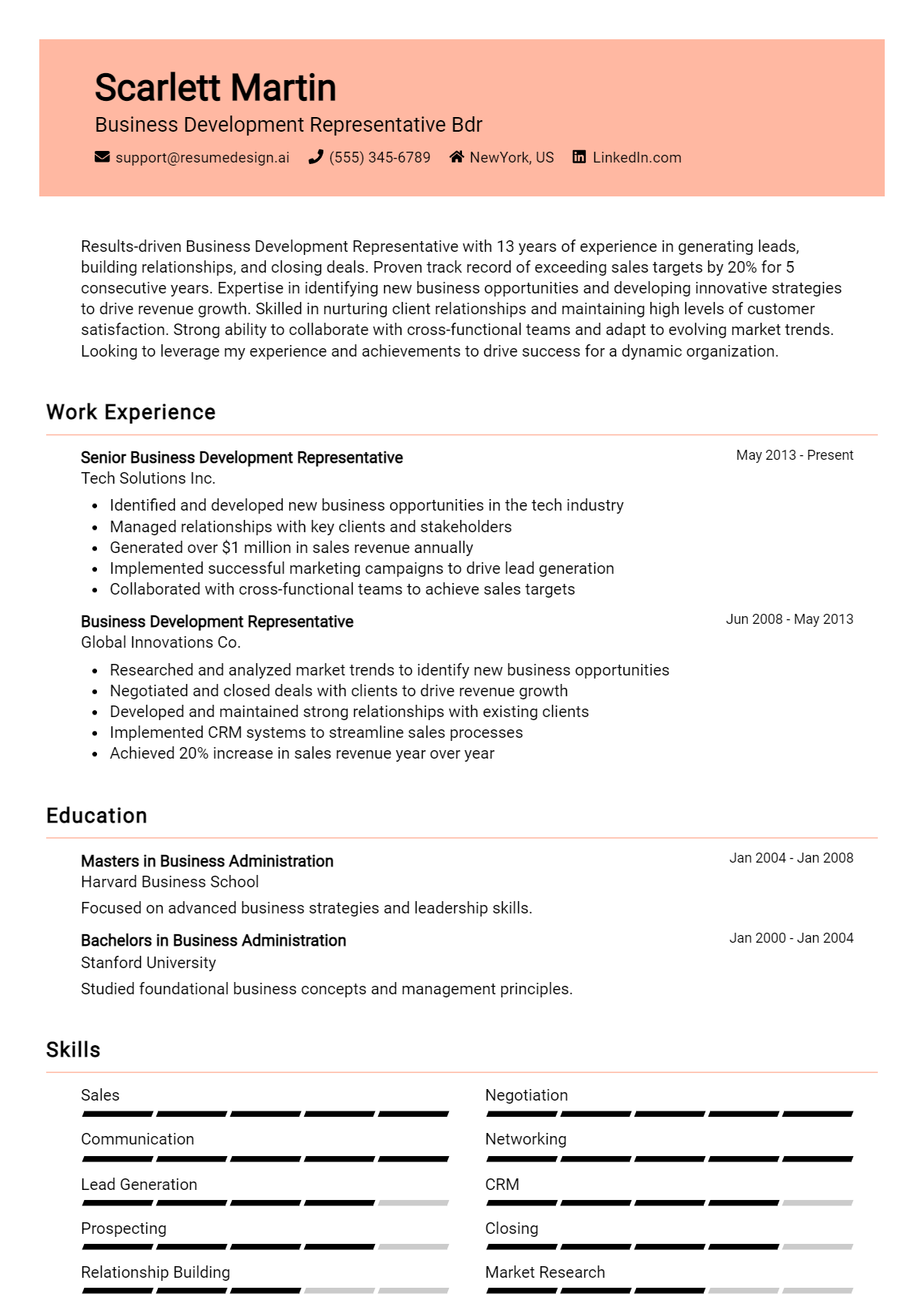 Business Development Representative Bdr Resume Example