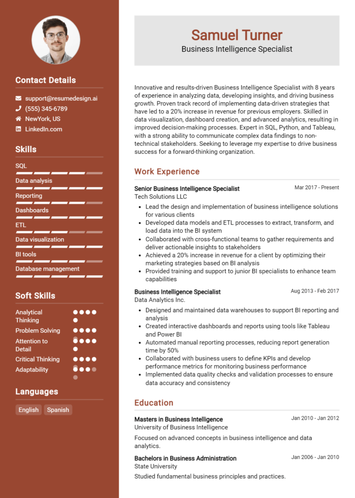 Business Intelligence Specialist Resume Example