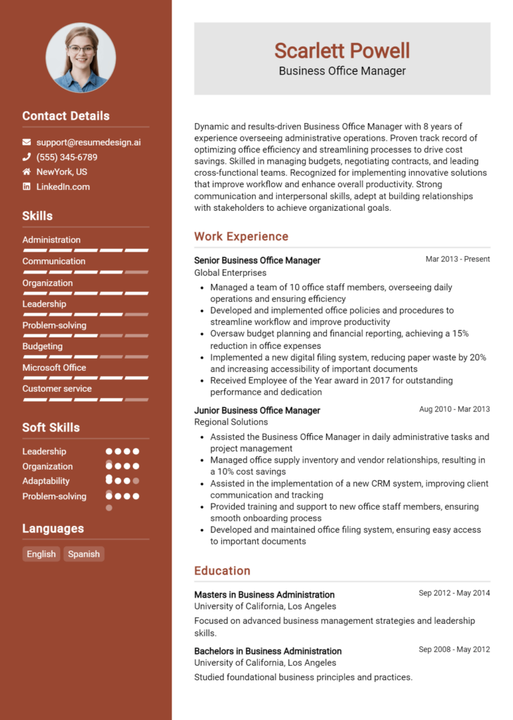 Business Office Manager Resume Example